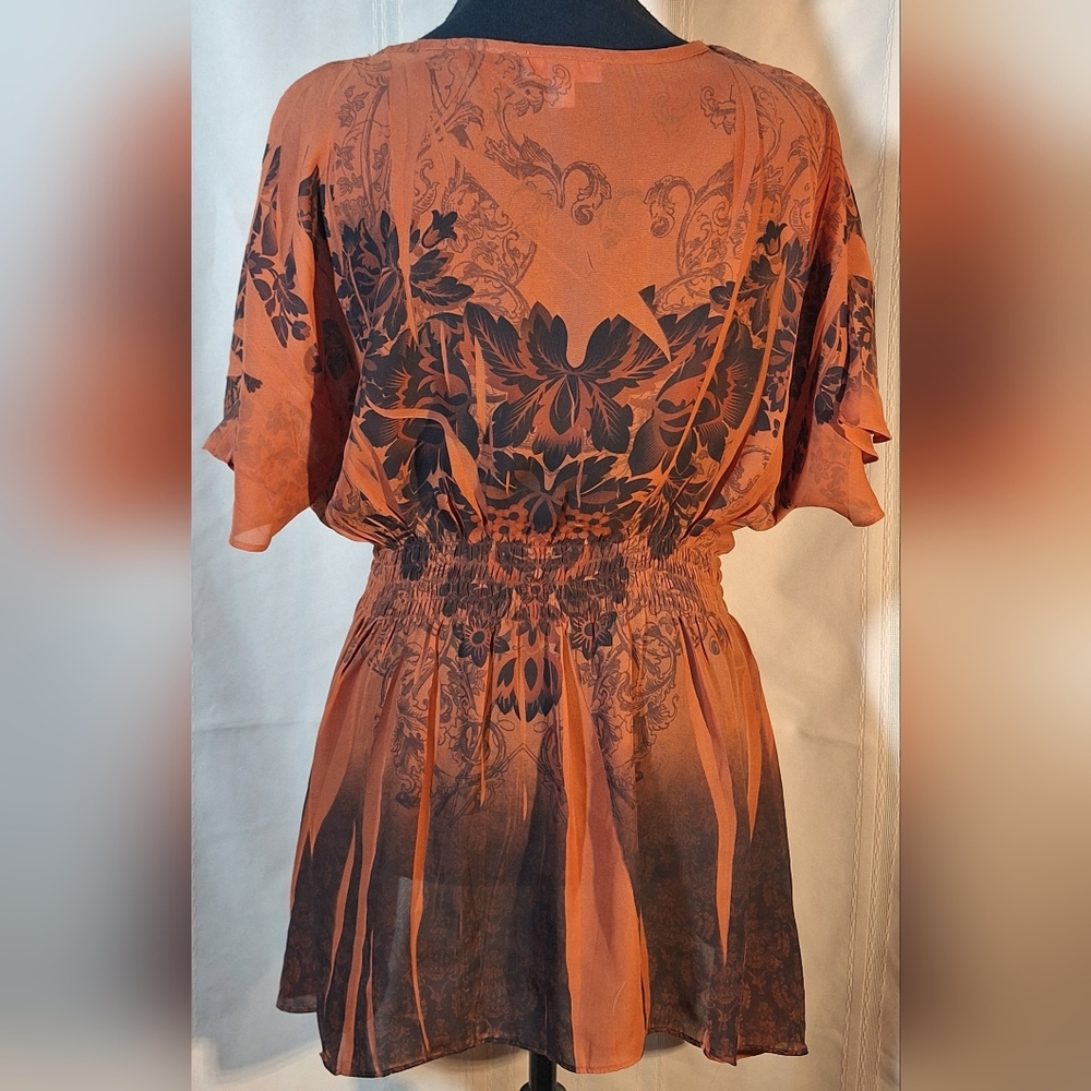 DRESSBARN Orange and Black Floral Blouse - Picture 4 of 6